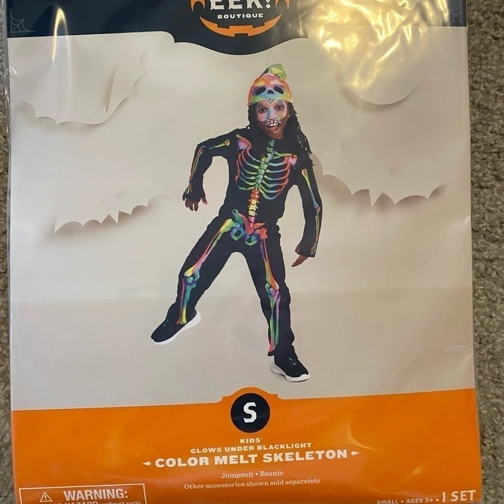 Color Melt Skeleton Costume NEW Small Glow in the Dark Bodysuit Rainbow Kids